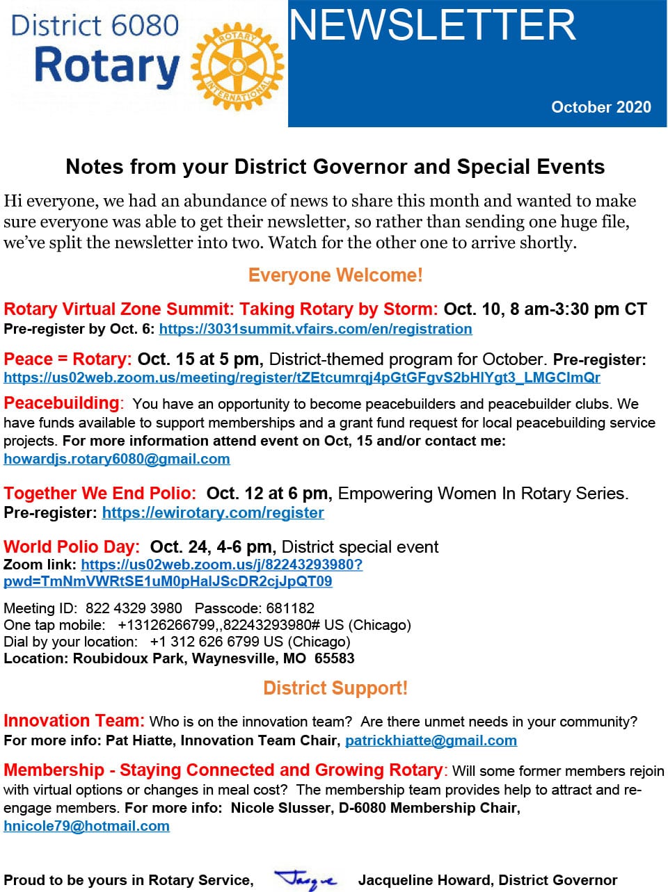 October 2020 District Governor Newsletter